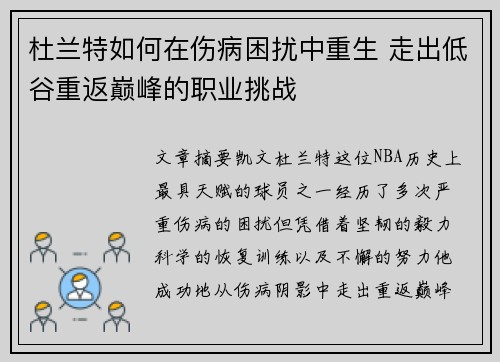 杜兰特如何在伤病困扰中重生 走出低谷重返巅峰的职业挑战