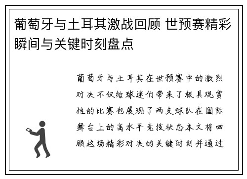 葡萄牙与土耳其激战回顾 世预赛精彩瞬间与关键时刻盘点
